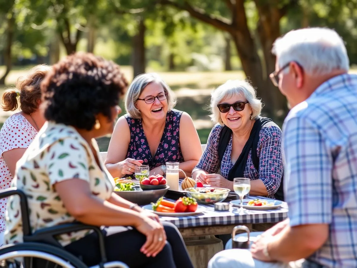 A group, including a wheelchair user, sharing a meal outdoors